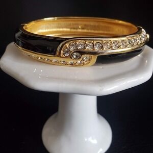 Swarovski Gold Plate Black Enamel Crystal Pave Hinged Bangle Bracelet Swan Logo